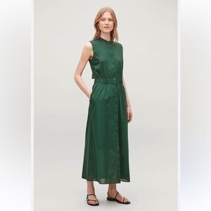 COS Long Open-back Shirt Dress In Forest Green with pockets. Size M-L
